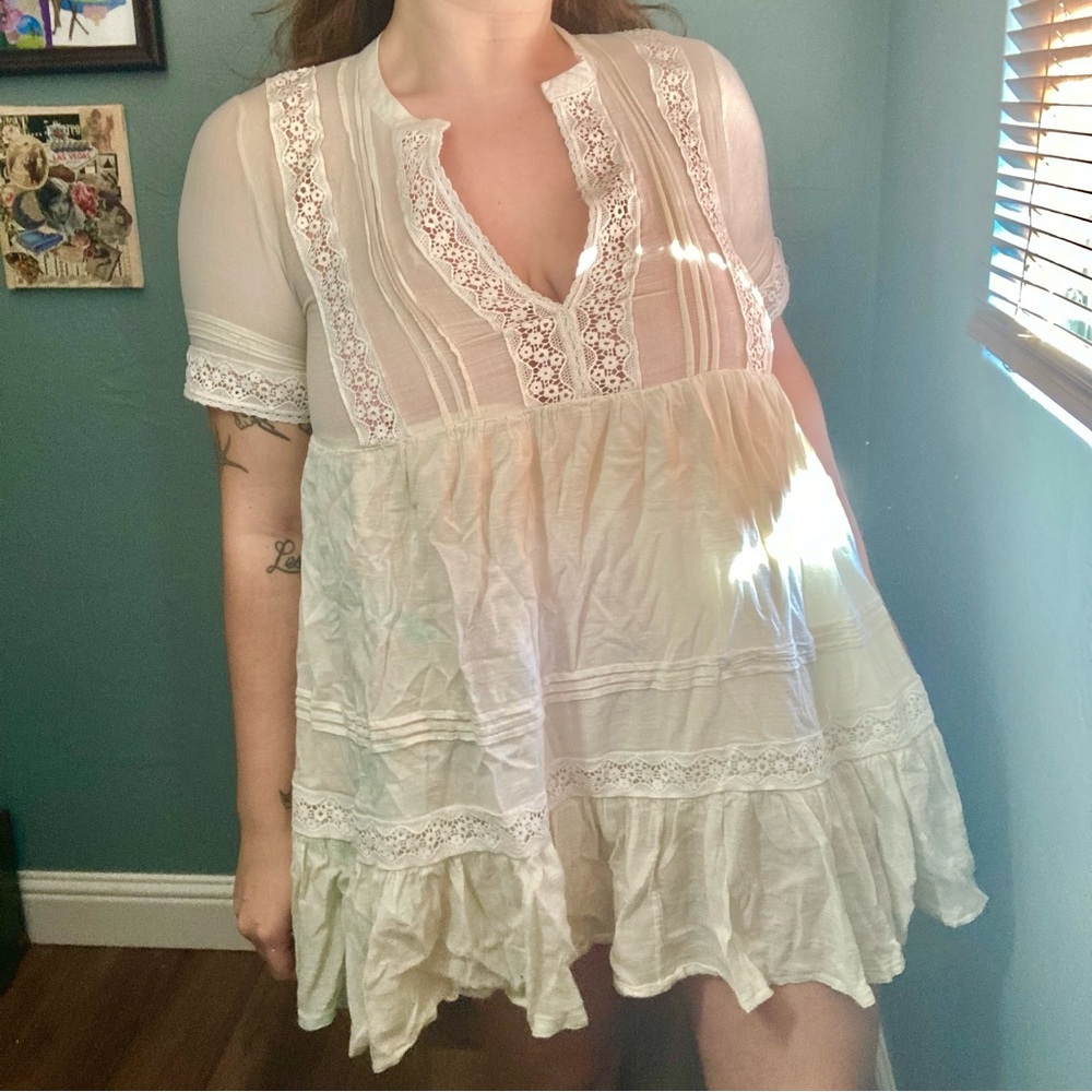 Jaase Flowy White Peasant Mini Dress with Tiered Babydoll Hem Coquette